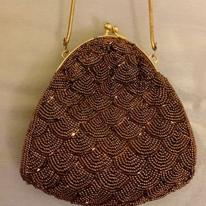 Vintage NORDSTROM CRYSTAL BEADED  Fan Style Brown Shoulder Bag w Gold Rope Chain